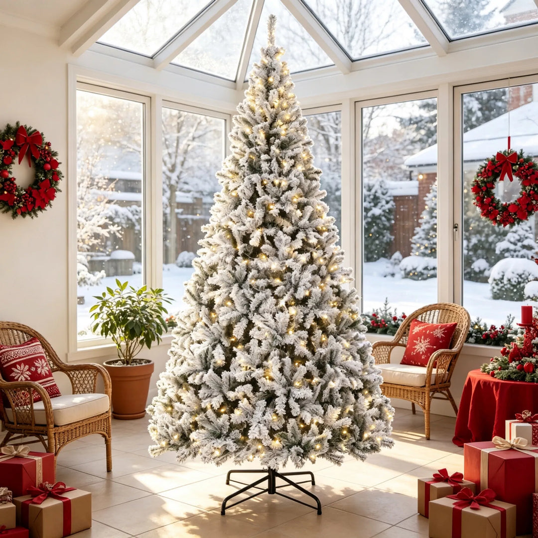 Huge flocked Fraser fir with warm lights