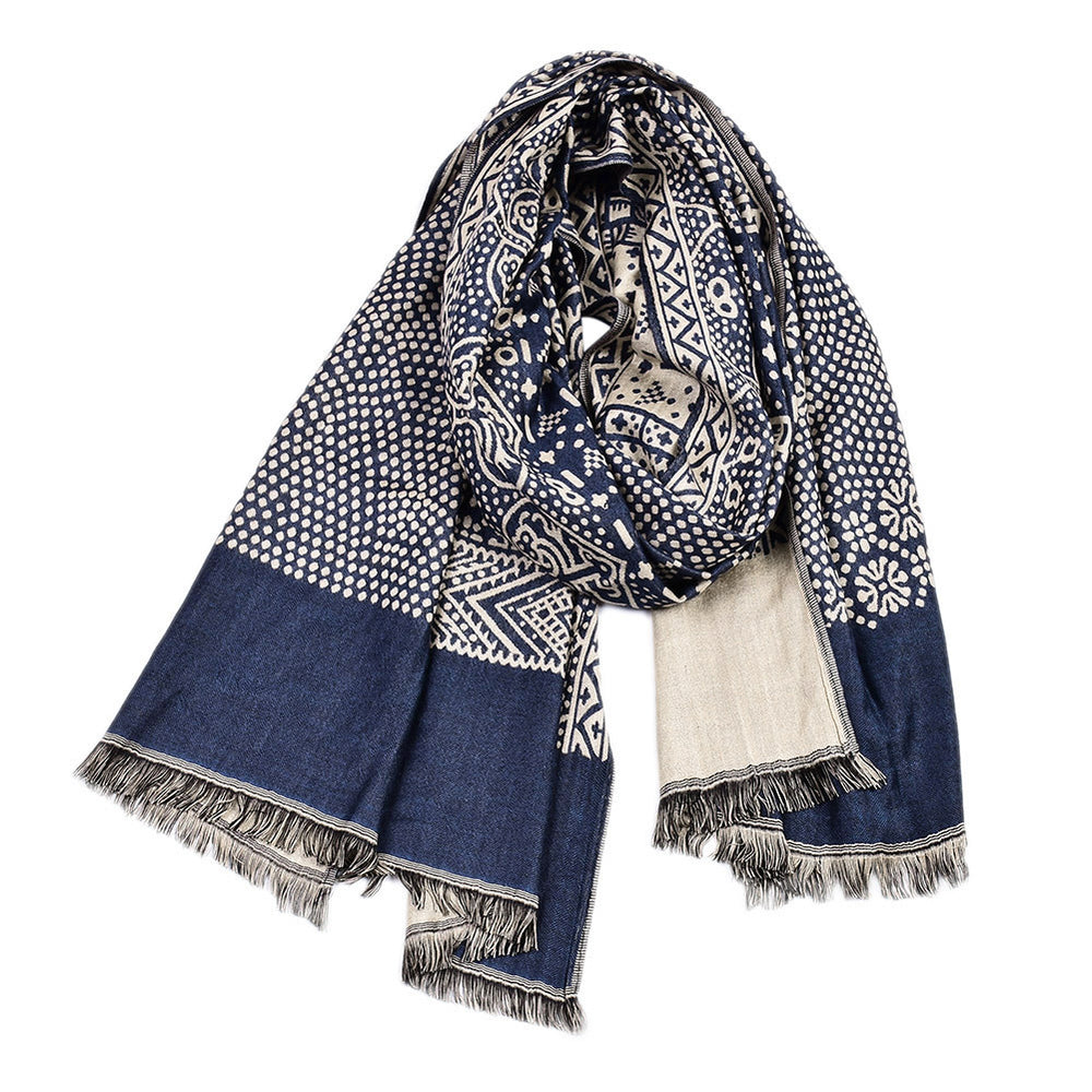 Navy jacquard woven scarf with fringe