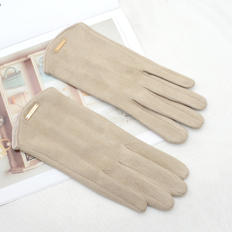 Camel faux suede gloves with gold bar detail