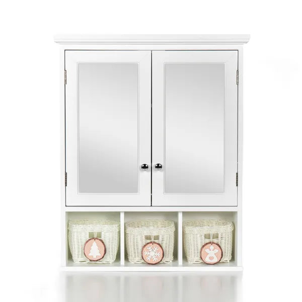 White mirrored bathroom wall cabinet with baskets