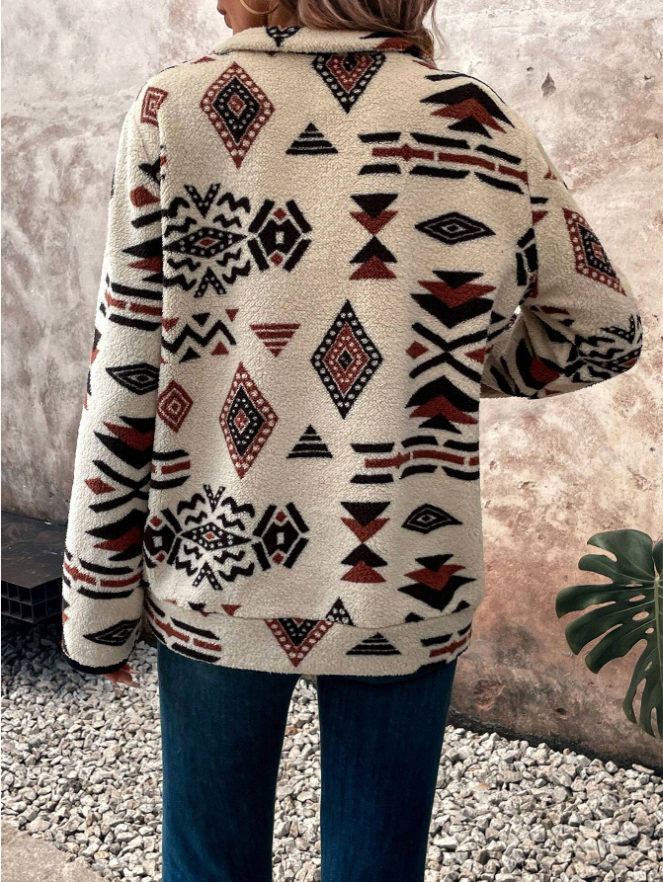 Cream half zip fleece with geometric print