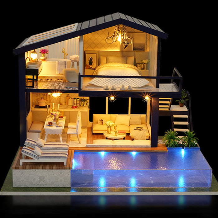 Cosycombe DIY miniature dollhouse kit with pool and LED lights