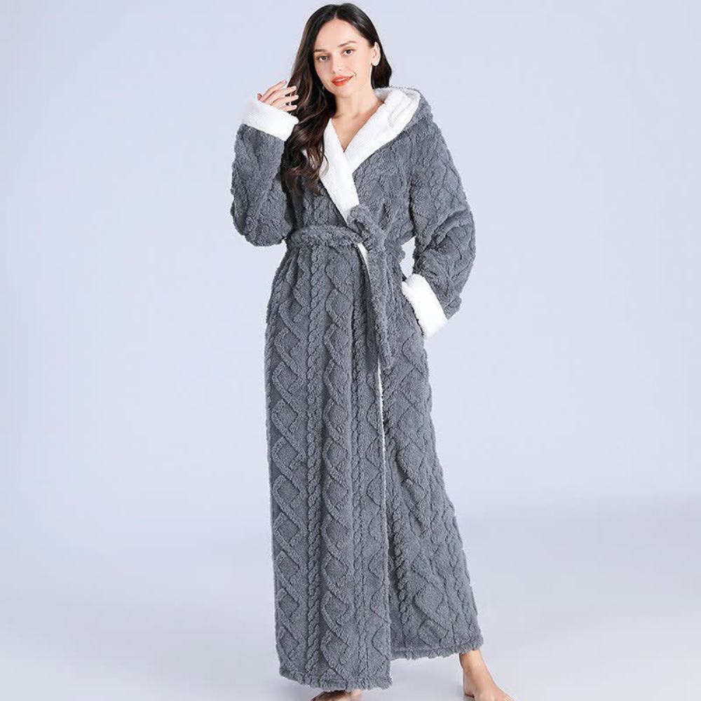 Cosycombe™ Long Plush Knitted Hooded Dressing Gown with Patch Pockets