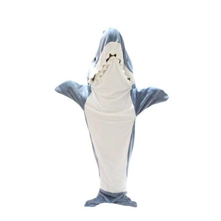 Person wearing grey shark hooded blanket