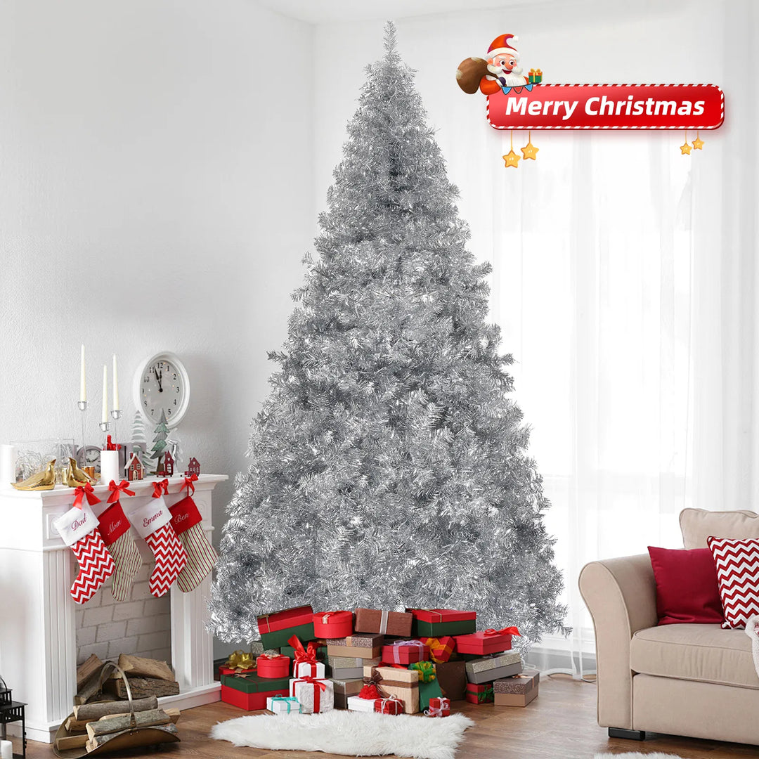 Silver artificial Christmas tree with metal stand