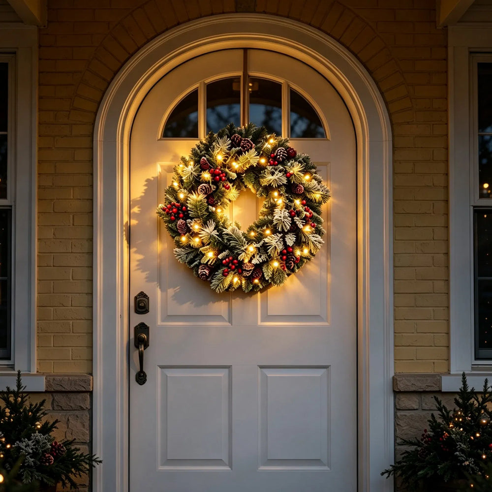 Frosted lit wreath with berries and cones