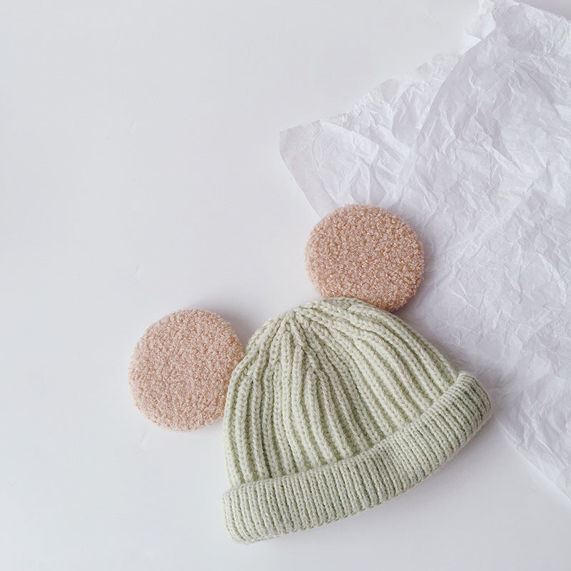 Kids pink ribbed beanie with teddy ears