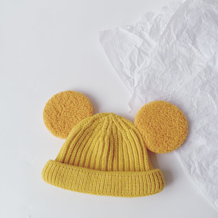 Kids pink ribbed beanie with teddy ears