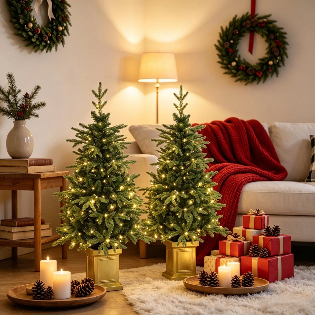 Two potted fir trees in gold pots