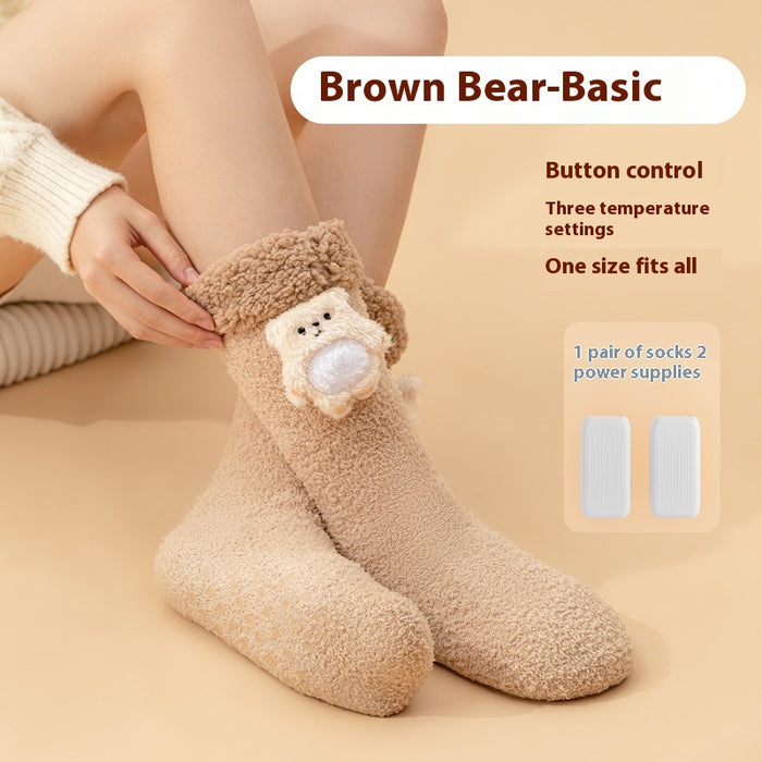 Cosycombe Heated Plush Socks with Animal Badge, Rechargeable