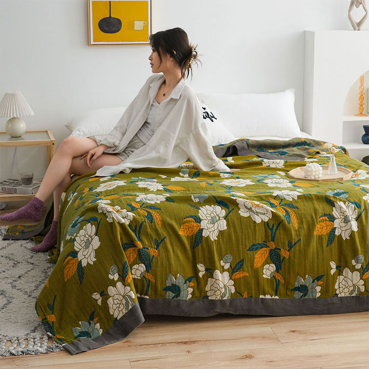 Cosycombe™ Double-Sided Boho Cotton Quilt with Olive Floral Print