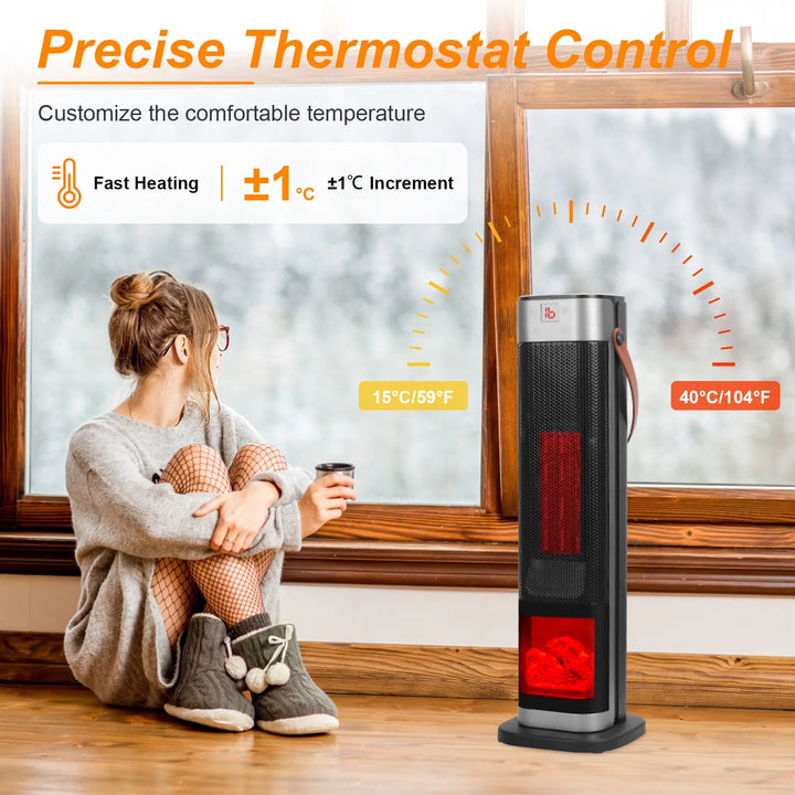 Black tower heater with flame-effect window