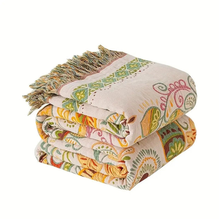 Cosycombe™ Reversible Boho Throw with Tassels and Autumn Leaf Pattern