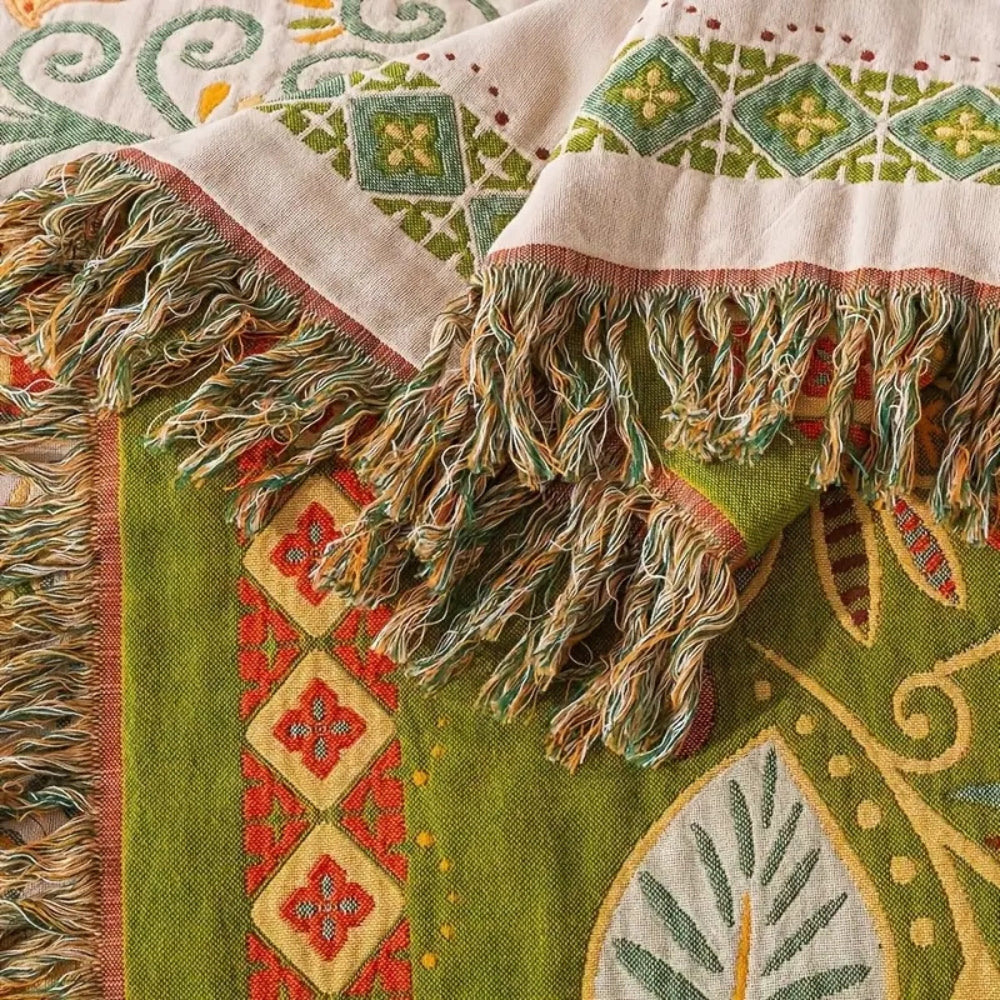 Cosycombe™ Reversible Boho Throw with Tassels and Autumn Leaf Pattern