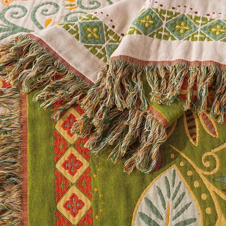 Cosycombe™ Reversible Boho Throw with Tassels and Autumn Leaf Pattern