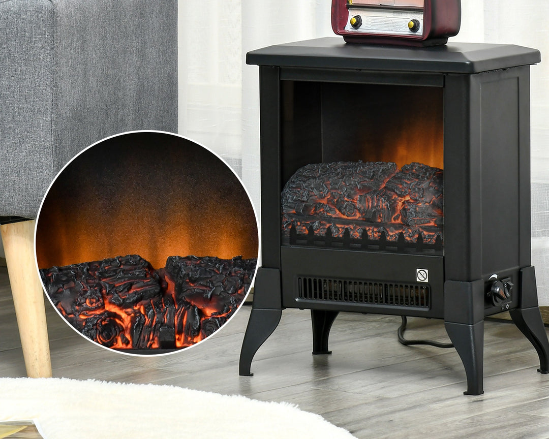 black electric stove heater with open glass front flames