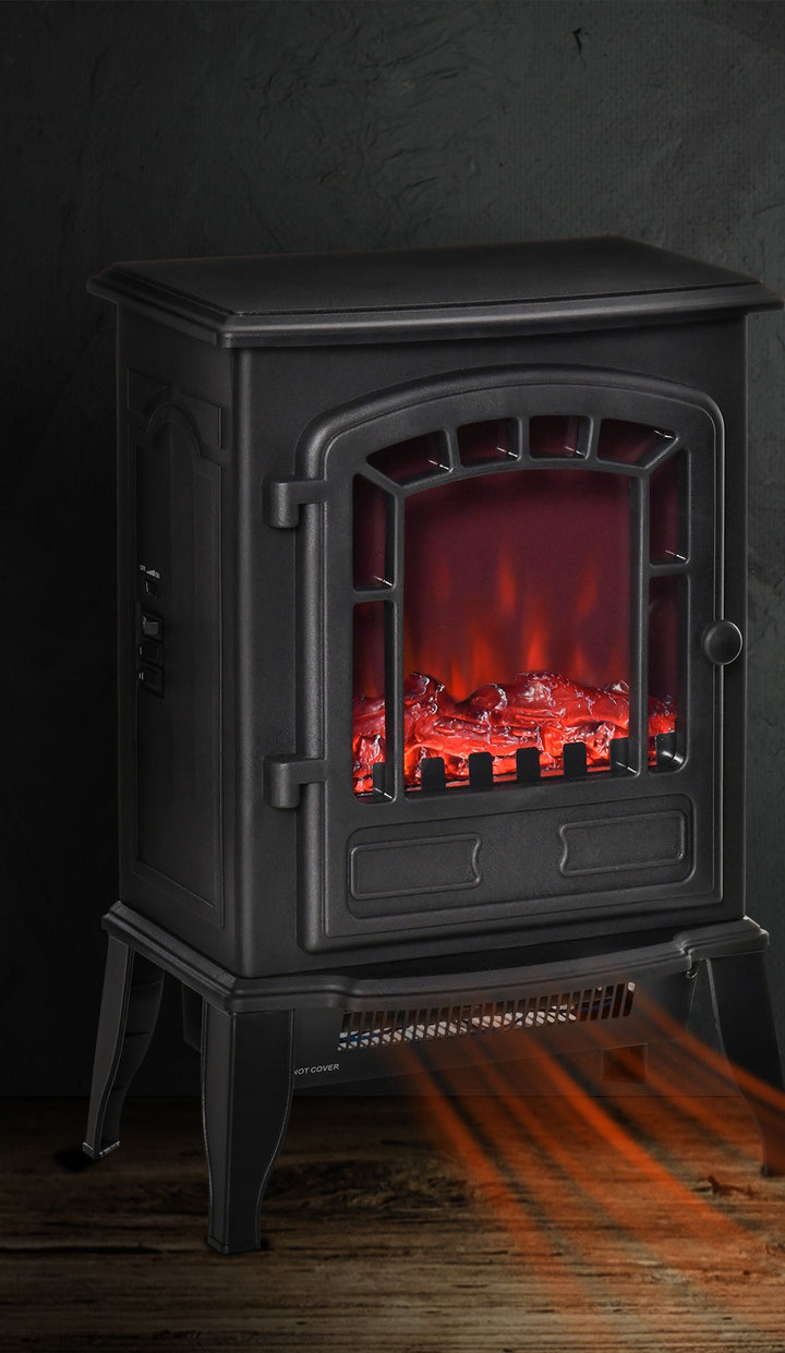 black electric stove fire with clear glass front