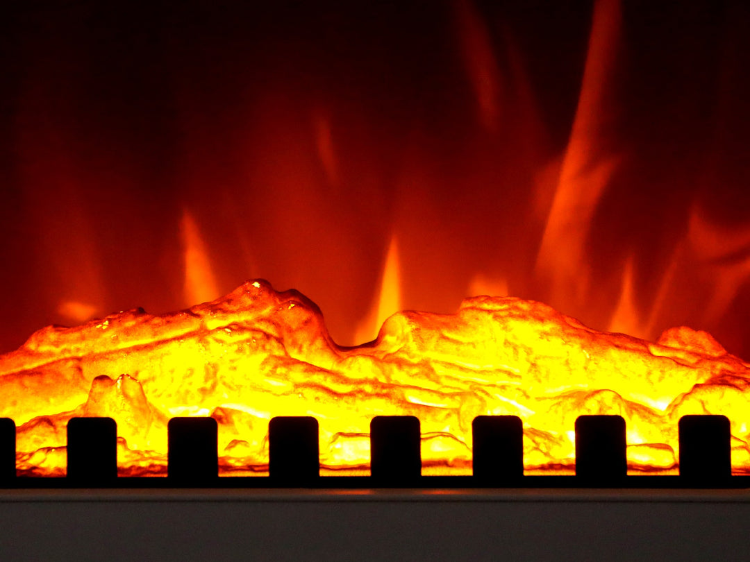 white log-burner style electric fire with LED flames