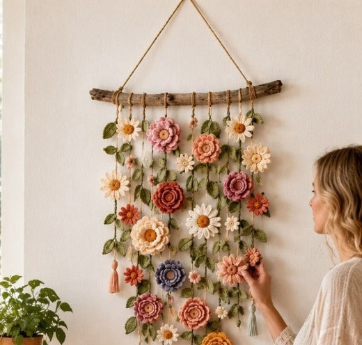 Boho flower wall hanging on wooden branch