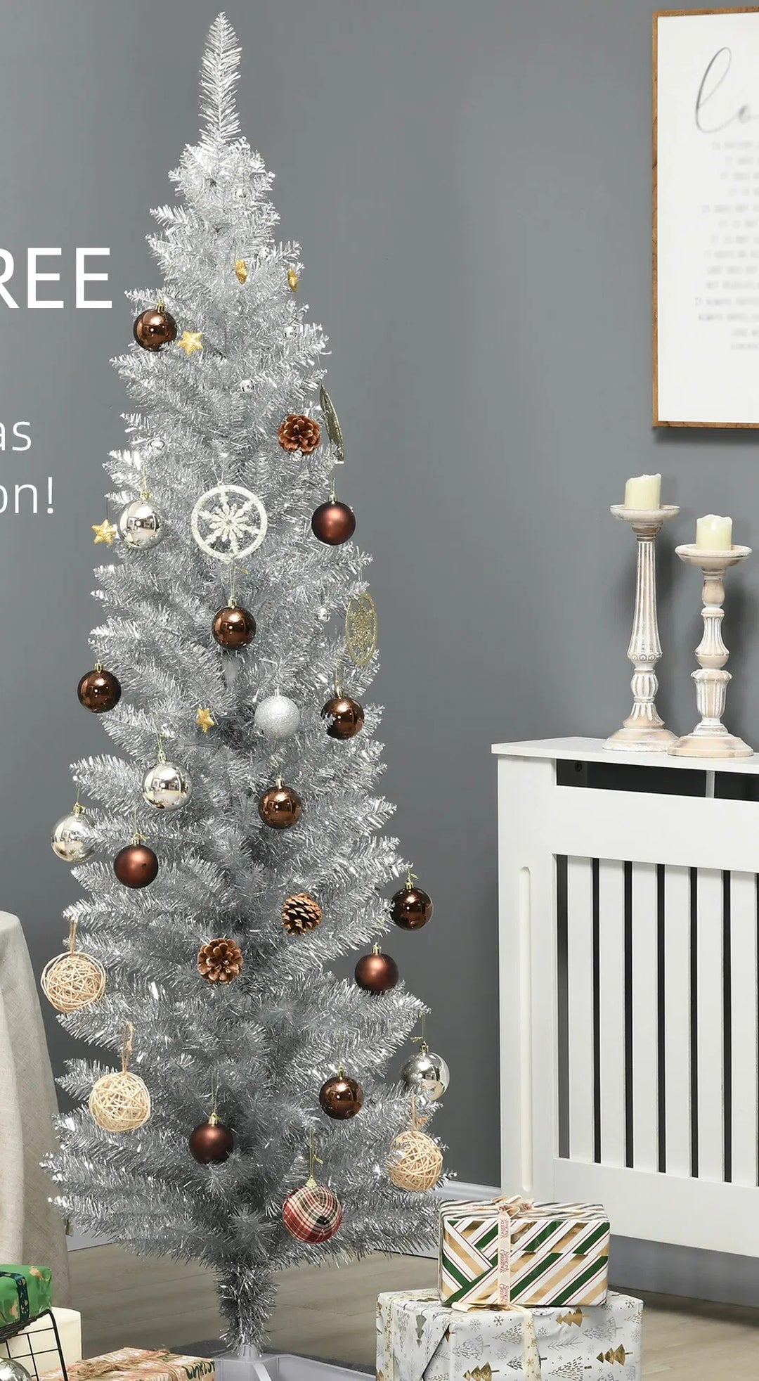 Silver slim pencil Christmas tree, unlit