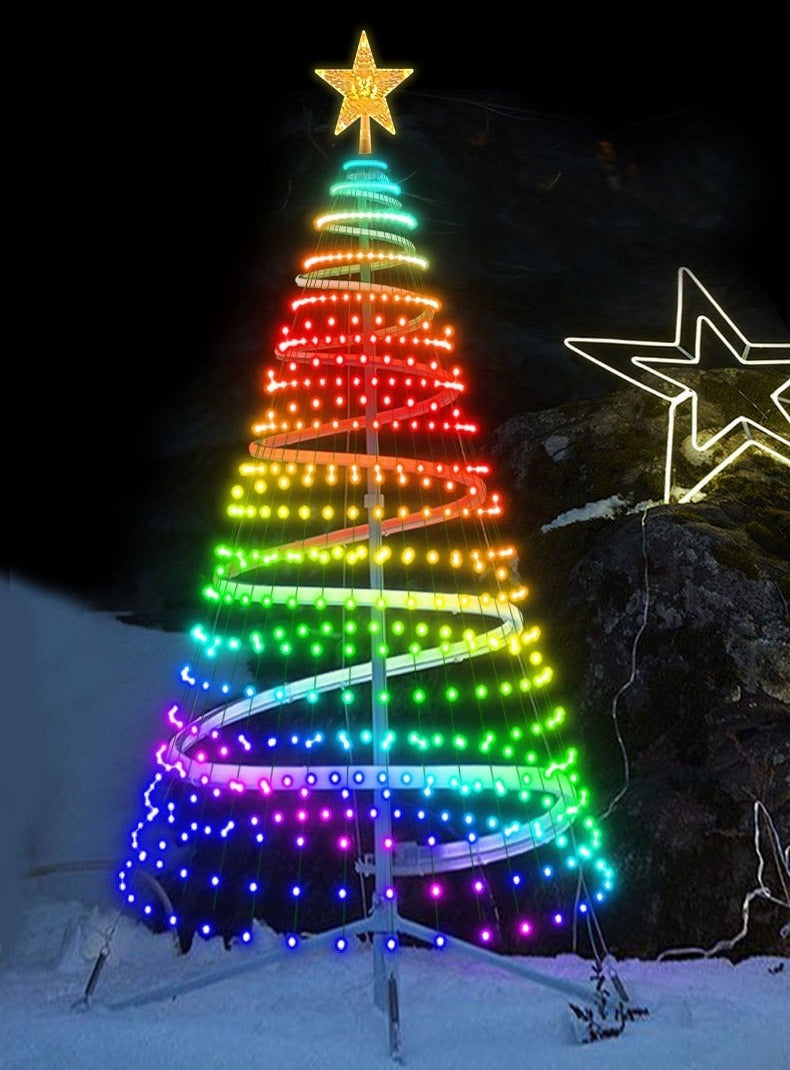Christmas tree covered in colourful LED light strands