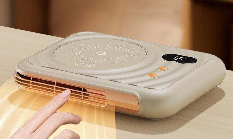 Beige mug warmer coaster with hand warmer fan