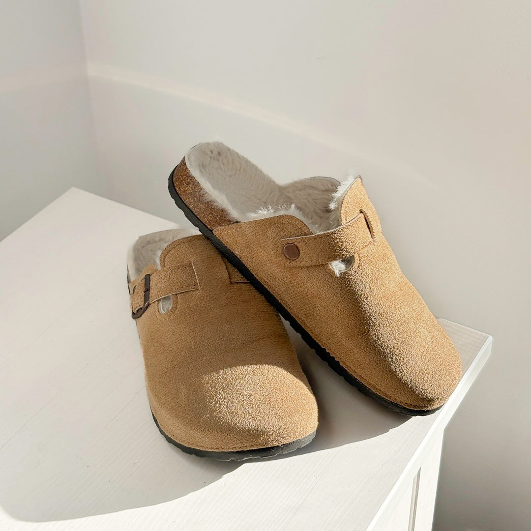Cosycombe™ Suede Clogs with Faux Fur Lining and Cork Footbed