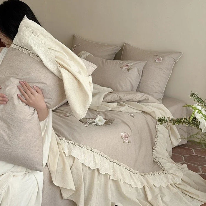 Cosycombe™ Cotton-Linen Bedspread Set with Rose Embroidery and Lace Ruffles