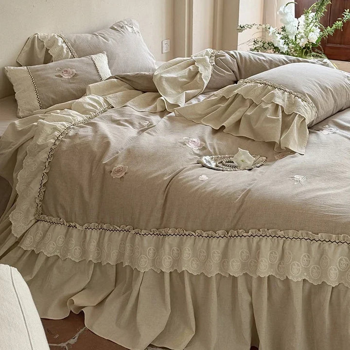 Cosycombe™ Cotton-Linen Bedspread Set with Rose Embroidery and Lace Ruffles