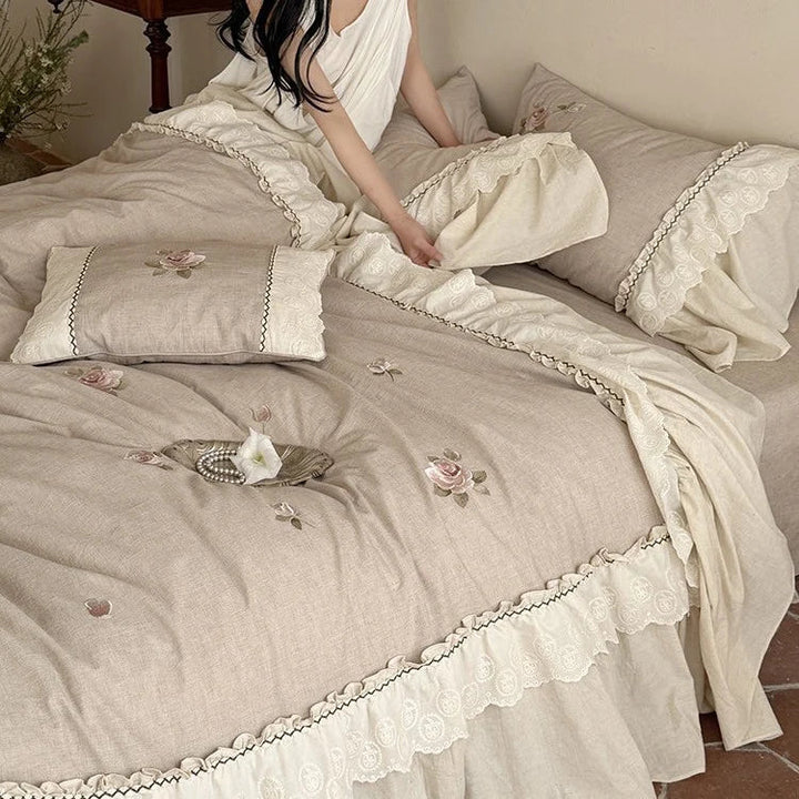 Cosycombe™ Cotton-Linen Bedspread Set with Rose Embroidery and Lace Ruffles