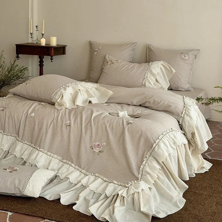 Cosycombe™ Cotton-Linen Bedspread Set with Rose Embroidery and Lace Ruffles