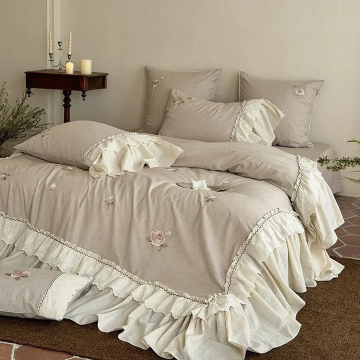 Cosycombe™ Cotton-Linen Bedspread Set with Rose Embroidery and Lace Ruffles