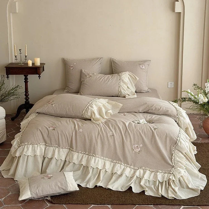 Cosycombe™ Cotton-Linen Bedspread Set with Rose Embroidery and Lace Ruffles