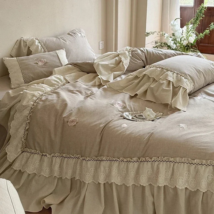 Cosycombe™ Cotton-Linen Bedspread Set with Rose Embroidery and Lace Ruffles