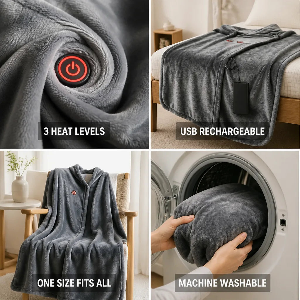 Cosycombe™ Heated Fleece Blanket Shawl with 3 Heat Settings
