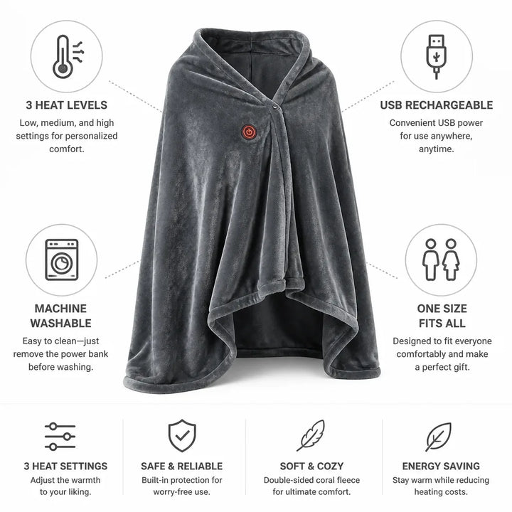 Cosycombe™ Heated Fleece Blanket Shawl with 3 Heat Settings