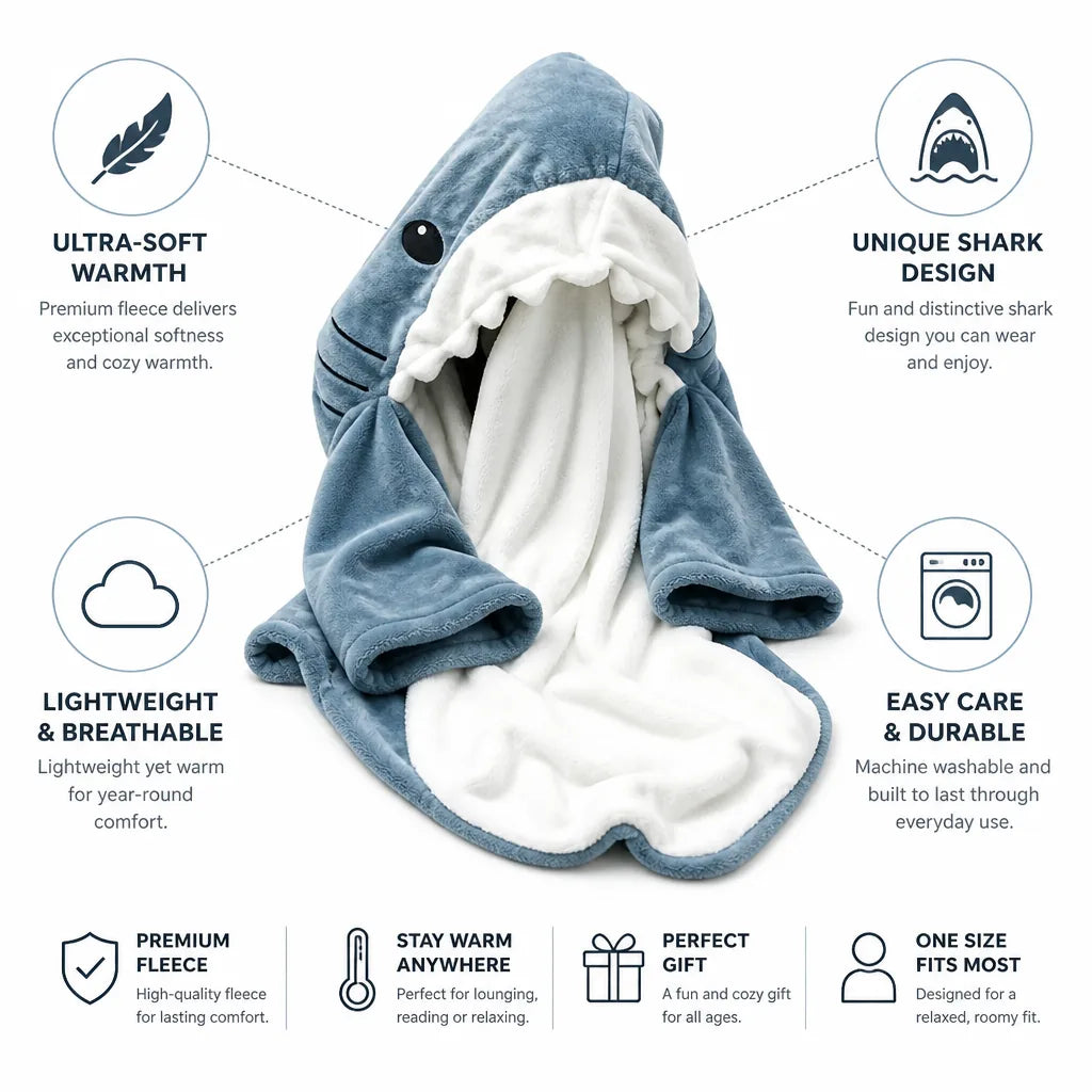 Cosycombe™ Shark Hooded Wearable Blanket in Ultra-Soft Lightweight Fleece