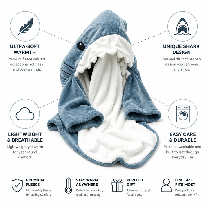 Cosycombe™ Shark Hooded Wearable Blanket in Ultra-Soft Lightweight Fleece