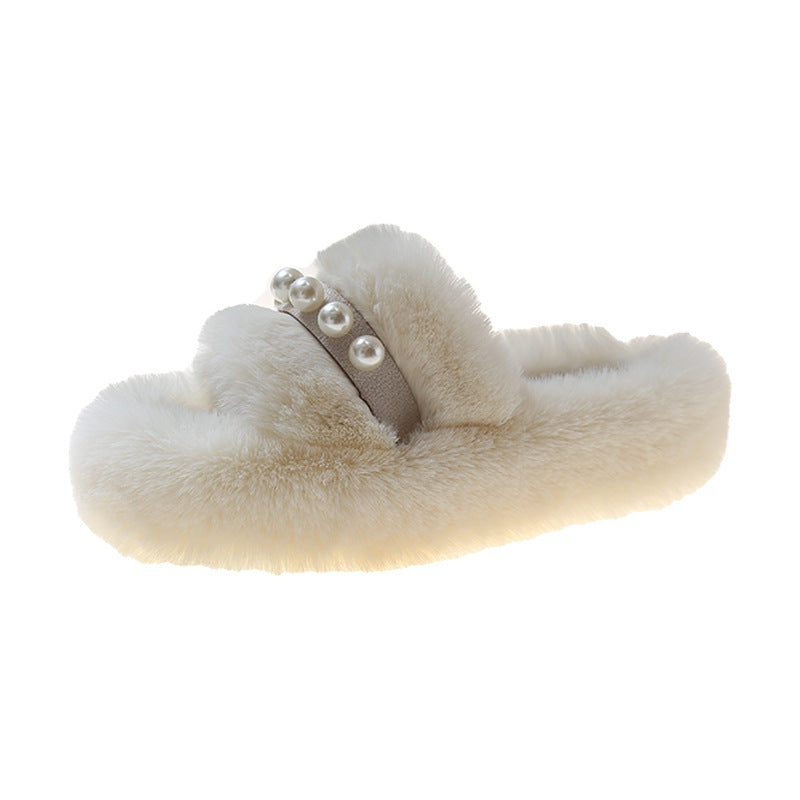 Cosycombe™ Fluffy Open-Toe Slippers with Elegant Pearl Detail