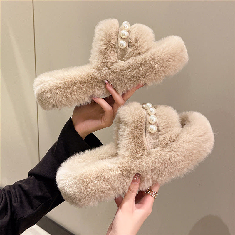 Cosycombe™ Fluffy Open-Toe Slippers with Elegant Pearl Detail