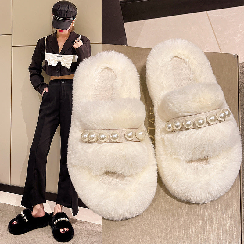 Cosycombe™ Fluffy Open-Toe Slippers with Elegant Pearl Detail