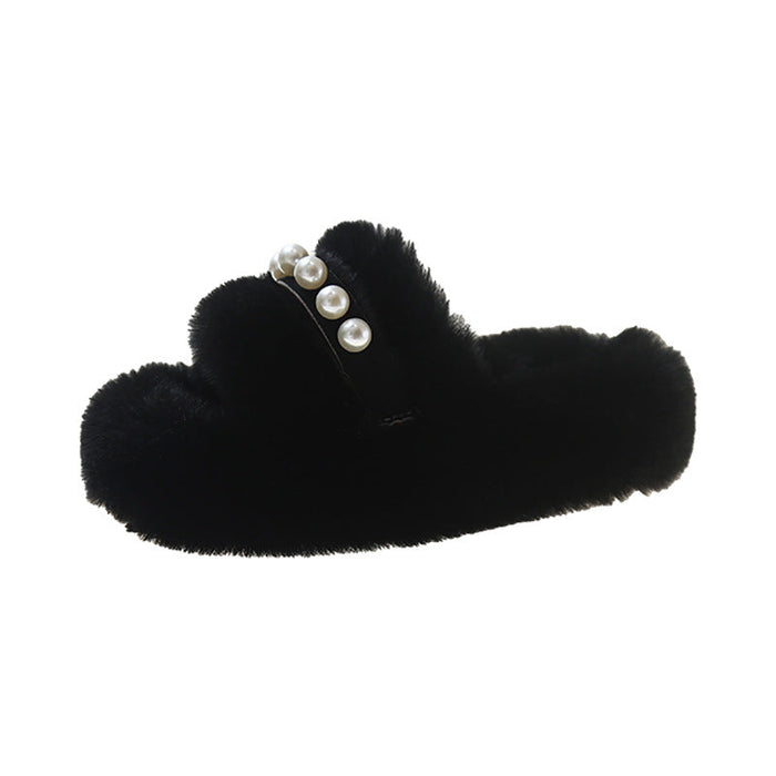 Cosycombe™ Fluffy Open-Toe Slippers with Elegant Pearl Detail