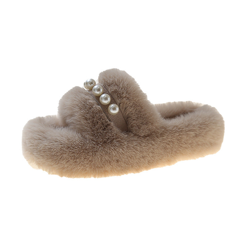 Cosycombe™ Fluffy Open-Toe Slippers with Elegant Pearl Detail