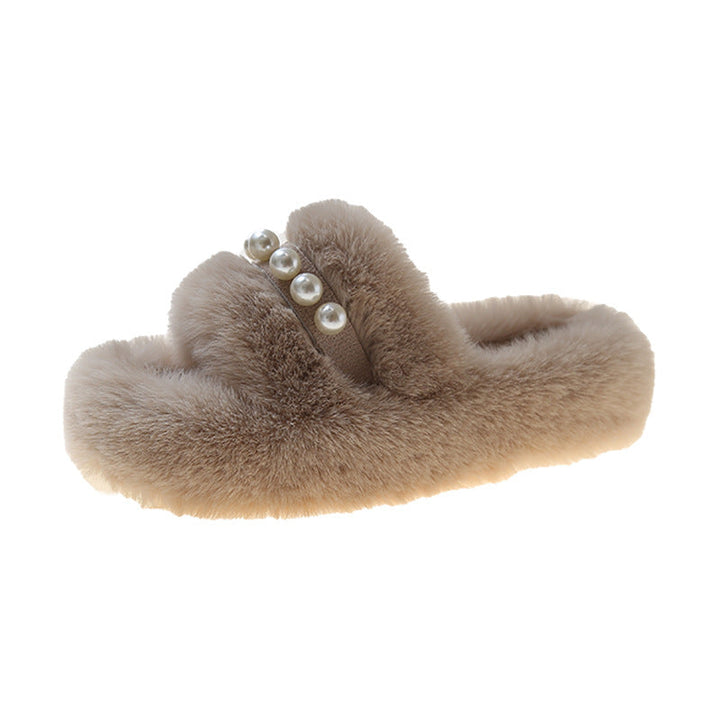 Cosycombe™ Fluffy Open-Toe Slippers with Elegant Pearl Detail