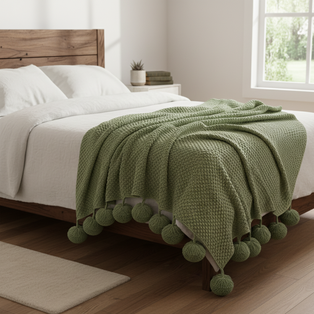 Cosycombe™ Scandi Waffle Knit Throw With Pom Pom Trim, Thick and Textured