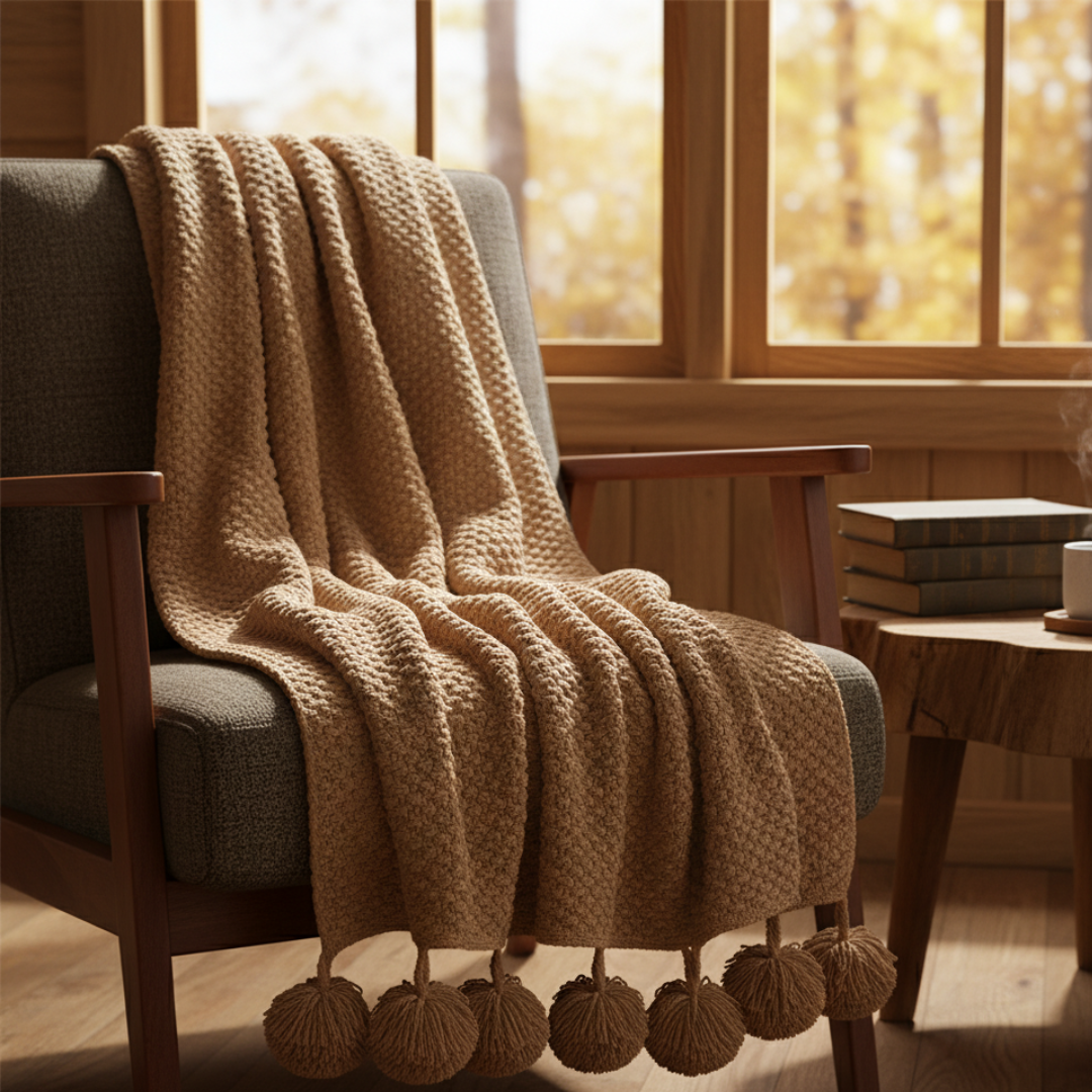 Cosycombe™ Scandi Waffle Knit Throw With Pom Pom Trim, Thick and Textured