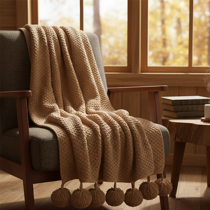Cosycombe™ Scandi Waffle Knit Throw With Pom Pom Trim, Thick and Textured