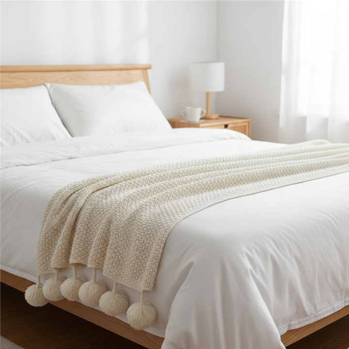 Cosycombe™ Scandi Waffle Knit Throw With Pom Pom Trim, Thick and Textured