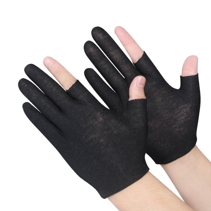 Grey cotton half-finger gloves on hands