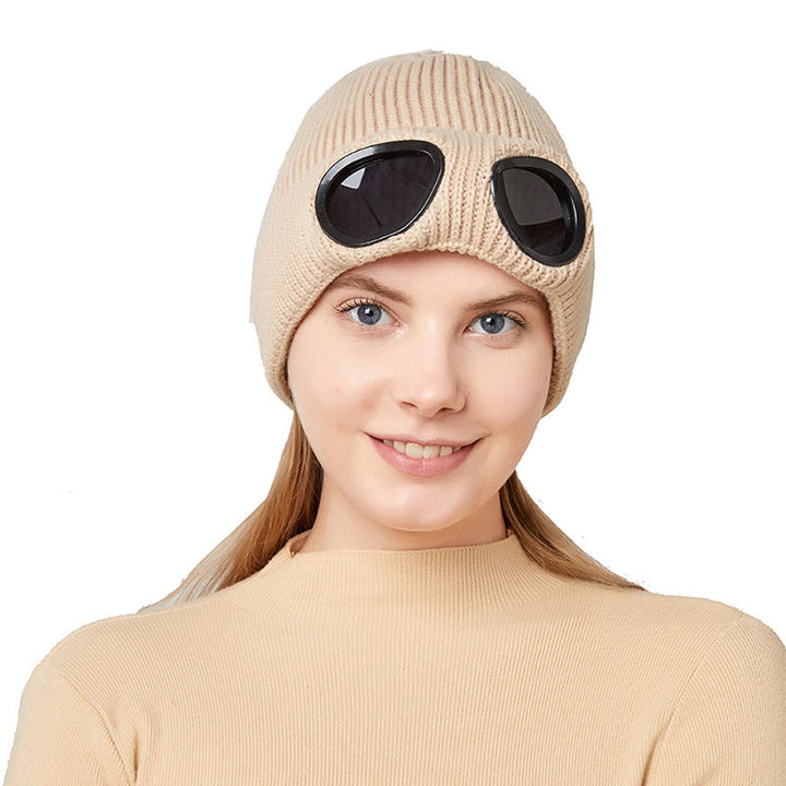 Knit beanie with flip-up goggles on the front